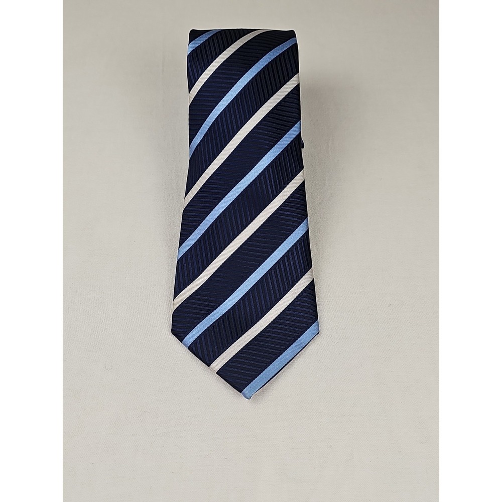 Men's Necktie Tie Classic Striped White Blue 100% Silk Hand Made Office Preppy